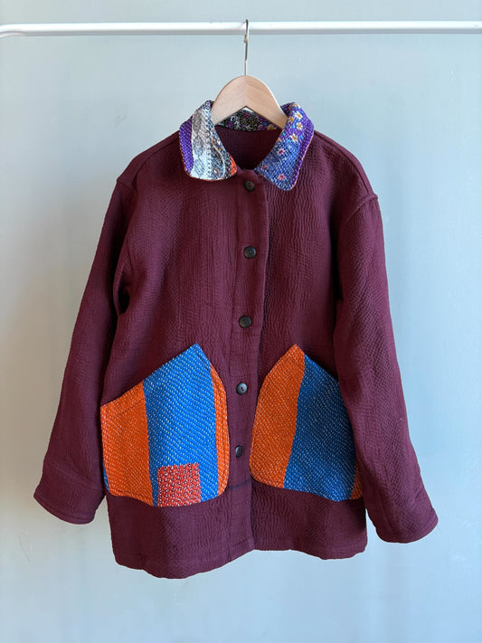 vintage kantha jacket （ burgundy H）
