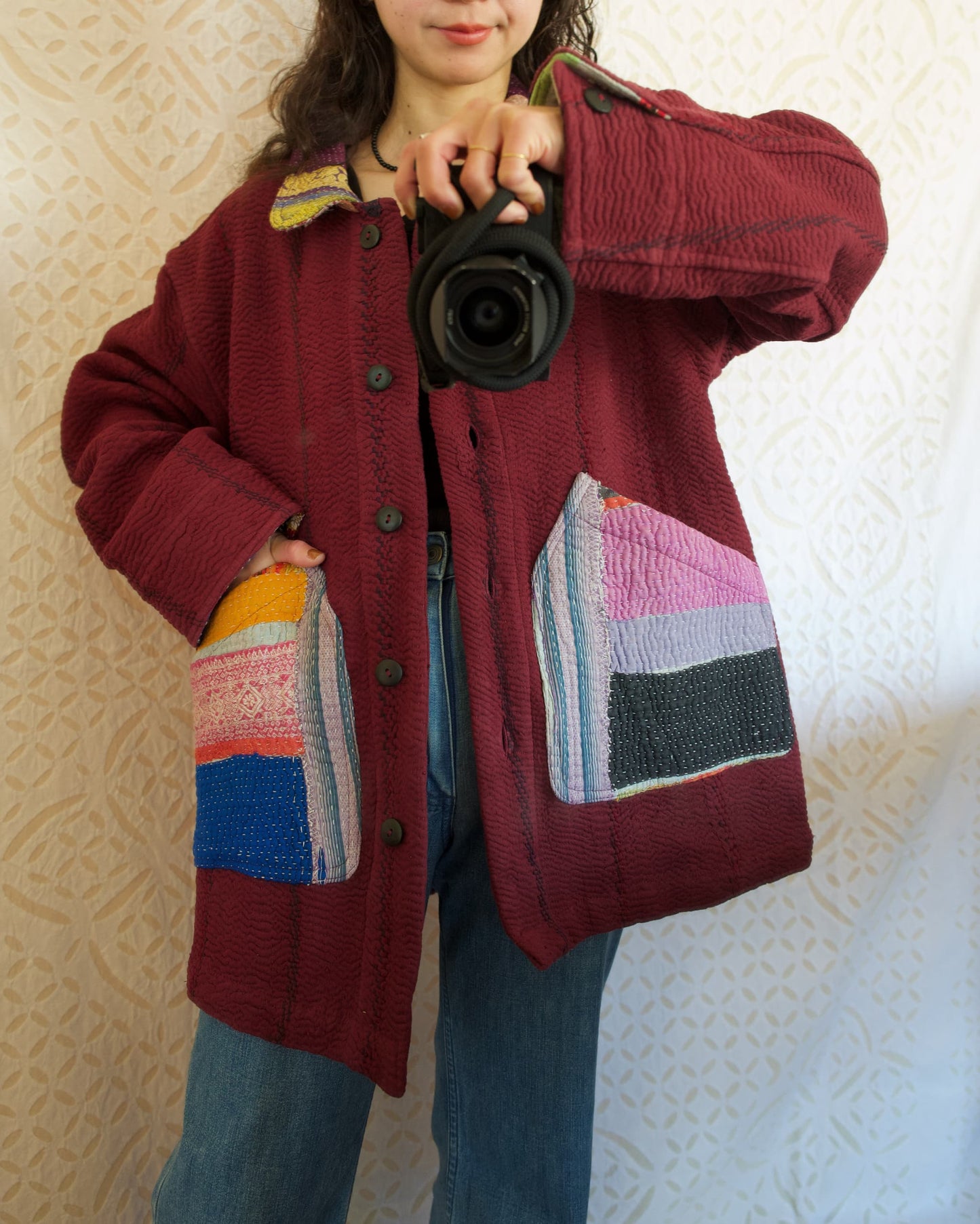 vintage kantha jacket （ burgundy A）