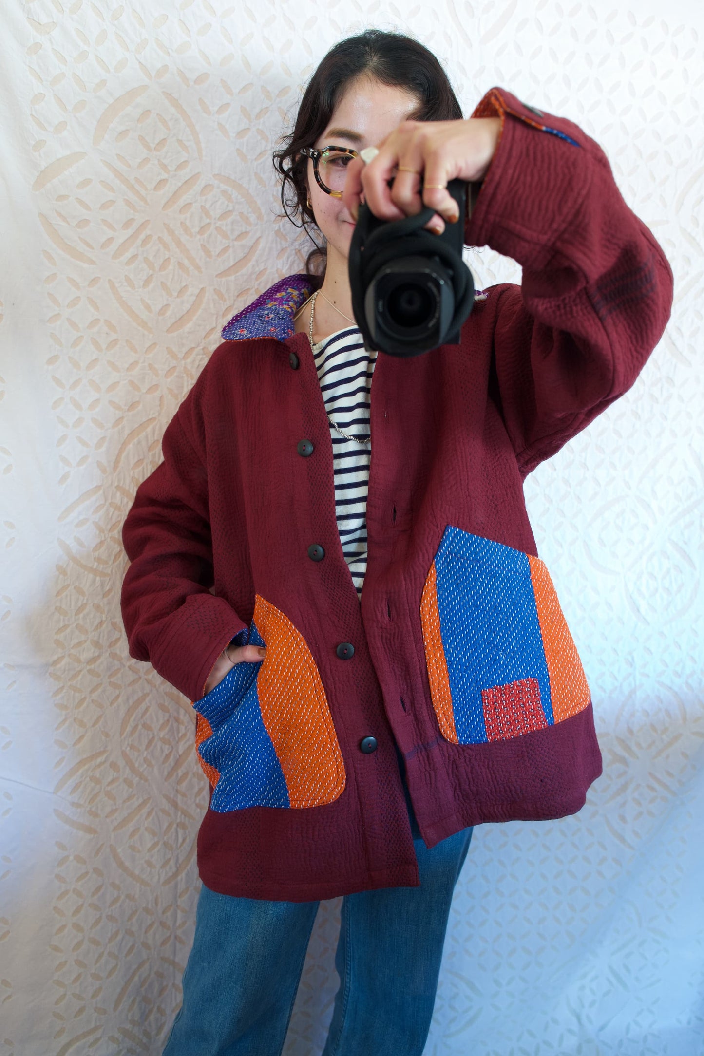 vintage kantha jacket （ burgundy H）