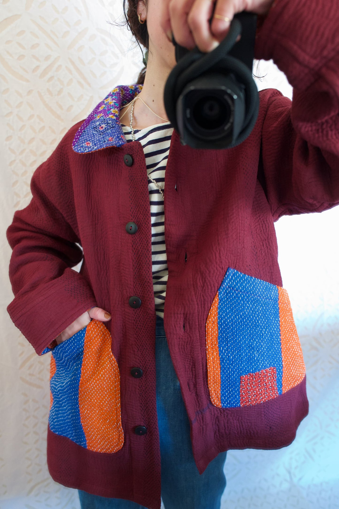 vintage kantha jacket （ burgundy H）