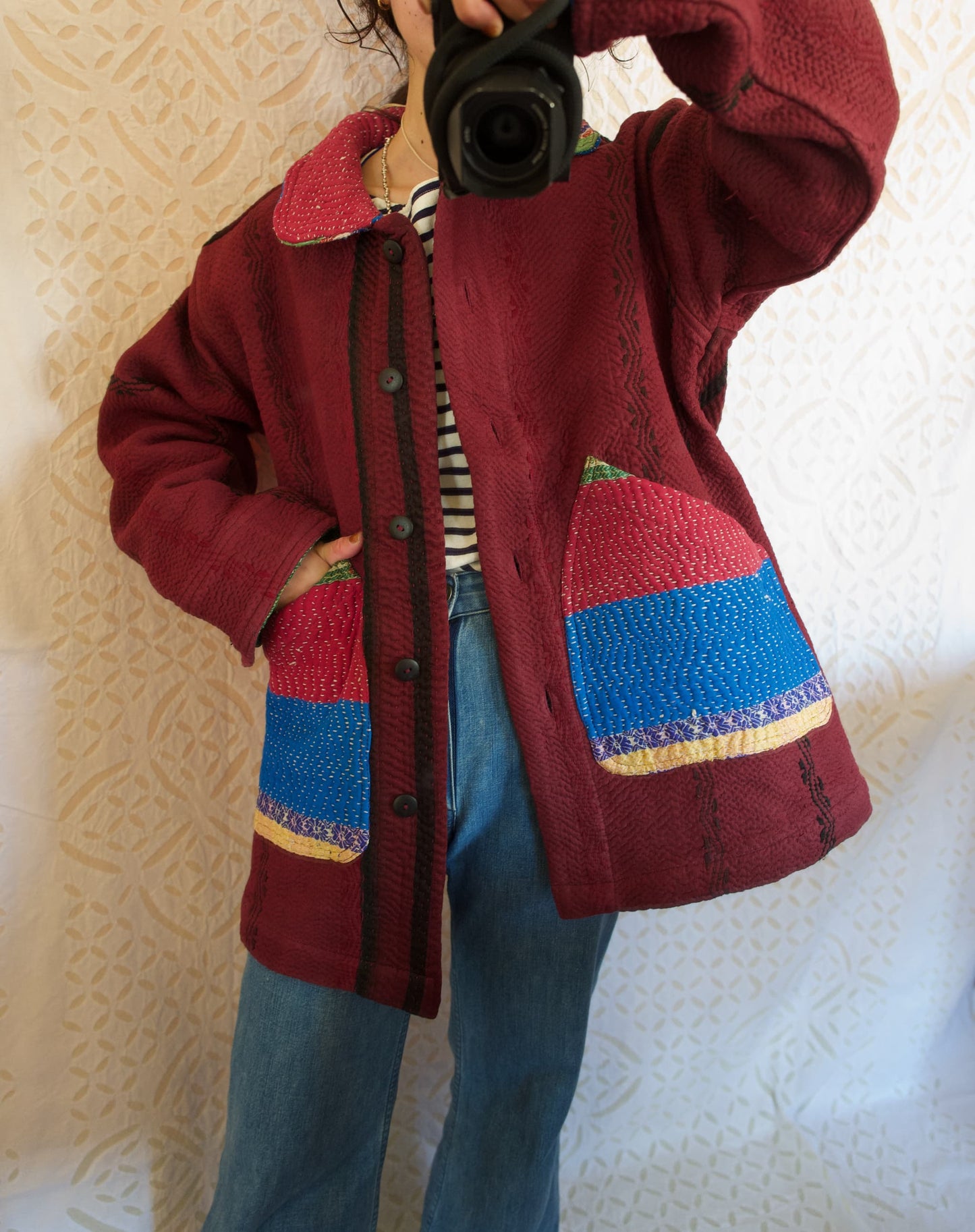 vintage kantha jacket （ burgundy E）