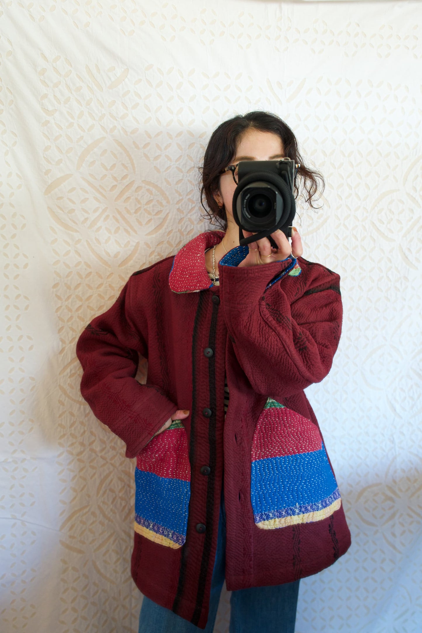vintage kantha jacket （ burgundy E）