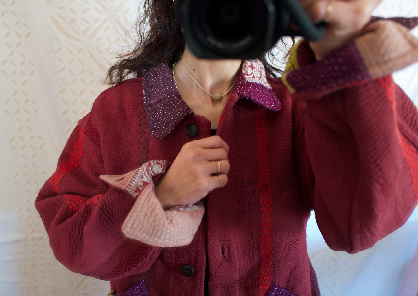 vintage kantha jacket （ burgundy D）
