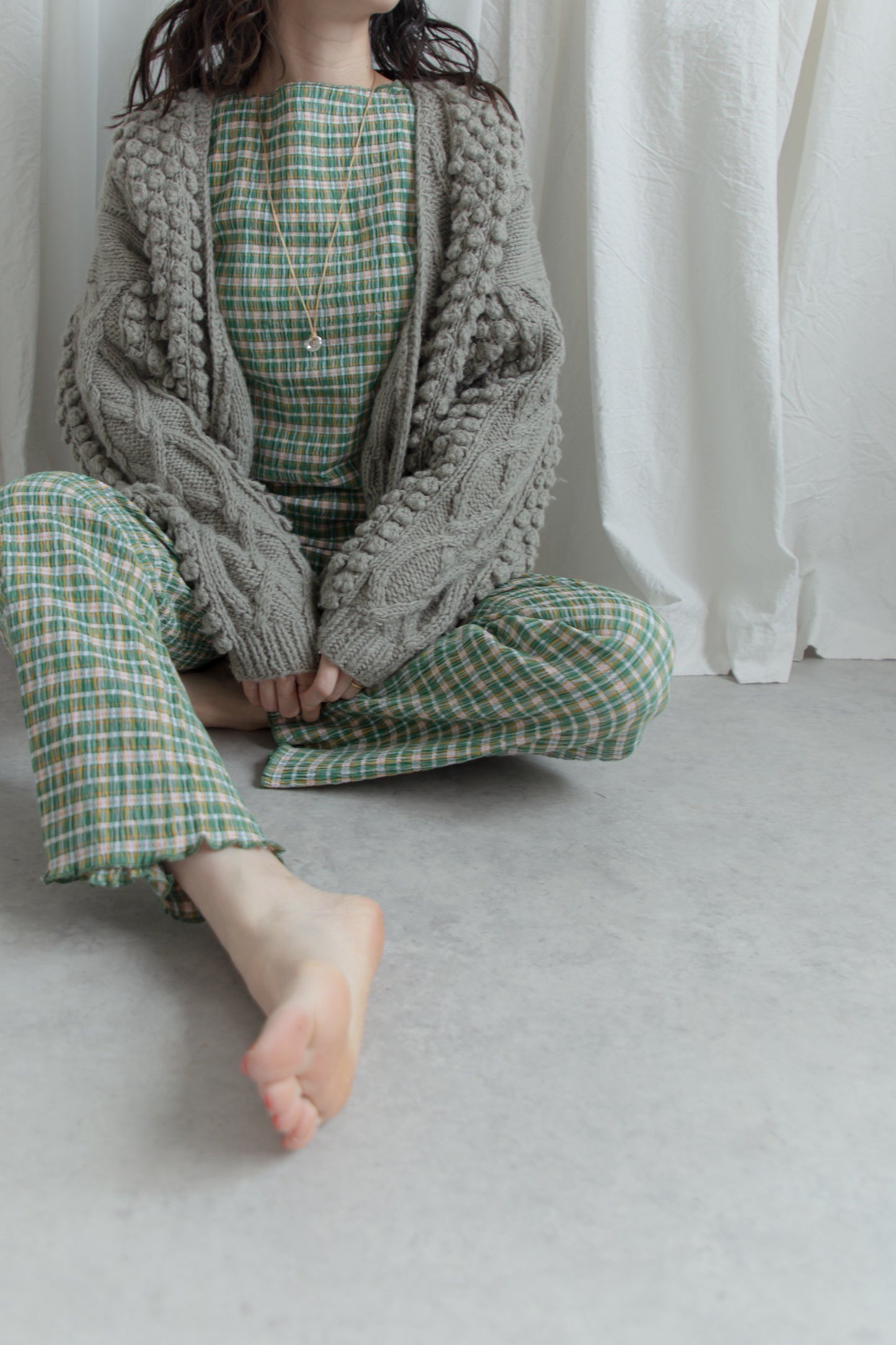 shirring check top（green）